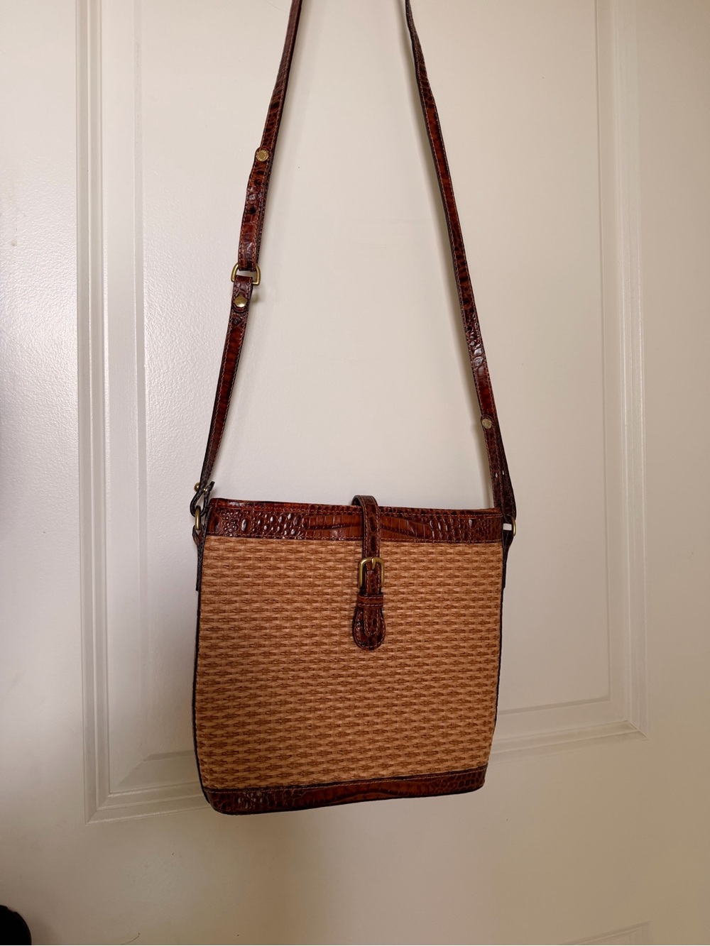 Brahmin Tan Woven Crossbody with Brown Leather Trim